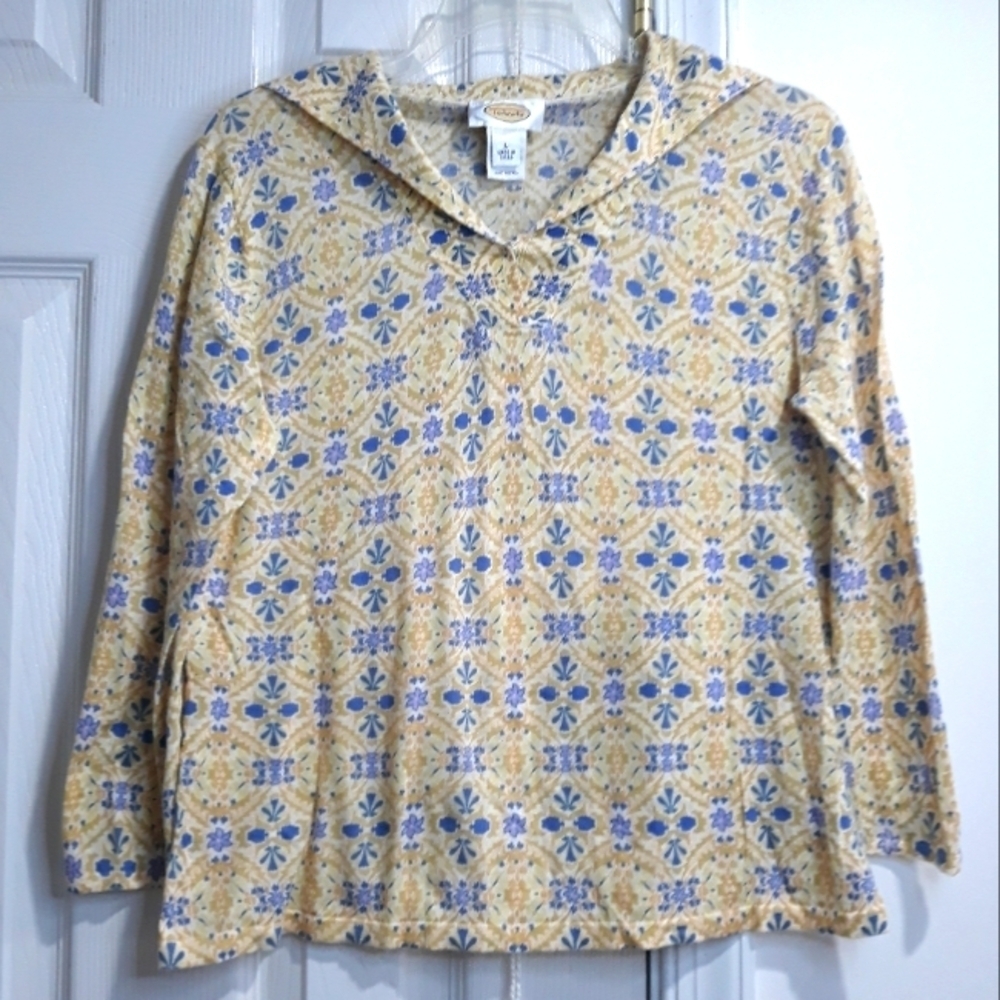 Talbots 100% Cotton 3/4 Sleeve Floral Cream Blue Collared Top Size Large